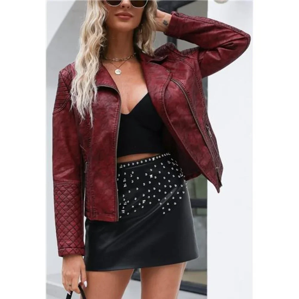 Red Faux‎ Leather Moto Jacket Fitted Quilted Bomber Motorcycle Biker Jacket Coat